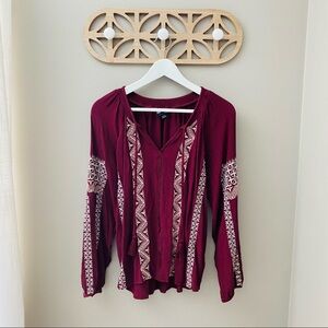 American Eagle Long Sleeve Embroidered Blouse Maroon Sz Small